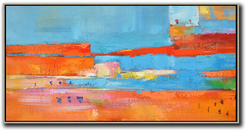 Large Abstract Painting On Canvas,Horizontal Palette Knife Contemporary Art,Wall Art Ideas For Living Room,Orange,Sky Blue,,Red,Yellow.Etc